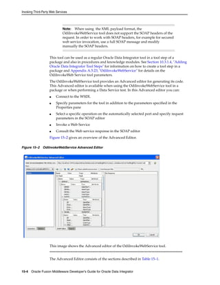 Invoking Third-Party Web Services 
Note: When using the XML payload format, the 
OdiInvokeWebService tool does not support the SOAP headers of the 
request. In order to work with SOAP headers, for example for secured 
web service invocation, use a full SOAP message and modify 
manually the SOAP headers. 
This tool can be used as a regular Oracle Data Integrator tool in a tool step of a 
package and also in procedures and knowledge modules. See Section 10.3.1.4, "Adding 
Oracle Data Integrator Tool Steps" for information on how to create a tool step in a 
package and Appendix A.5.23, "OdiInvokeWebService" for details on the 
OdiInvokeWeb Service tool parameters. 
The OdiInvokeWebService tool provides an Advanced editor for generating its code. 
This Advanced editor is available when using the OdiInvokeWebService tool in a 
package or when performing a Data Service test. In this Advanced editor you can: 
■ Connect to the WSDL 
■ Specify parameters for the tool in addition to the parameters specified in the 
Properties pane 
■ Select a specific operation on the automatically selected port and specify request 
parameters in the SOAP editor 
■ Invoke a Web Service 
■ Consult the Web service response in the SOAP editor 
Figure 15–2 gives an overview of the Advanced Editor. 
Figure 15–2 OdiInvokeWebService Advanced Editor 
This image shows the Advanced editor of the OdiInvokeWebService tool. 
*********************************************************************************************** 
The Advanced Editor consists of the sections described in Table 15–1. 
15-4 Oracle Fusion Middleware Developer's Guide for Oracle Data Integrator 
 