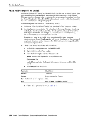 The Data Quality Process 
16.2.6 Reverse-engineer the Entities 
In order to provide the Quality process with input data and use its output data in data 
integrator's integration processes, it is necessary to reverse-engineer these Entities. 
This operation is performed using a customized reverse-engineering method based on 
the Oracle Data Quality RKM. The RKM reads metadata from the .ddx files located in 
the /ddl folder of your data quality project. 
To reverse-engineer the Entities of a data Quality project: 
1. Import the RKM Oracle Data Quality into your Oracle Data Integrator project. 
2. Insert a physical schema for the File technology in Topology Manager. Specifying 
for both, the Directory (Schema) and the Directory (Work Schema), the absolute 
path of your data folder. For example C:oracleoracledqmetabase_ 
datametabaseoracledqprojectNdata 
This directory must be accessible to the agent that will be used to run the 
transformations. Oracle Data Integrator will look in the schema for the source and 
target data structures for the interfaces. The RKM will access the output data files 
and reverse-engineer them. 
3. Create a File model and reverse the /ddl folder. 
1. In Designer Navigator expand the Models panel. 
2. Right-click then select New Model. 
3. Enter the following fields in the Definition tab: 
Name: Name of the model used in the user interface. 
Technology: File 
Logical Schema: Select the Logical Schema on which your model will be 
based. 
4. In the Reverse tab and select: 
Parameter Value/Action 
Reverse: Customized 
Context: Reverse-engineering Context 
Type of objects to reverse-engineer: Table 
KM Select the RKM Oracle Data Quality 
5. Set the RKM options as shown in Table 16–1: 
16-8 Oracle Fusion Middleware Developer's Guide for Oracle Data Integrator 
 