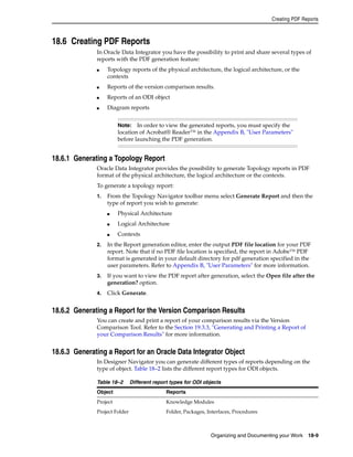 Creating PDF Reports 
Note: In order to view the generated reports, you must specify the 
location of Acrobat® Reader™ in the Appendix B, "User Parameters" 
before launching the PDF generation. 
Organizing and Documenting your Work 18-9 
18.6 Creating PDF Reports 
In Oracle Data Integrator you have the possibility to print and share several types of 
reports with the PDF generation feature: 
■ Topology reports of the physical architecture, the logical architecture, or the 
contexts 
■ Reports of the version comparison results. 
■ Reports of an ODI object 
■ Diagram reports 
18.6.1 Generating a Topology Report 
Oracle Data Integrator provides the possibility to generate Topology reports in PDF 
format of the physical architecture, the logical architecture or the contexts. 
To generate a topology report: 
1. From the Topology Navigator toolbar menu select Generate Report and then the 
type of report you wish to generate: 
■ Physical Architecture 
■ Logical Architecture 
■ Contexts 
2. In the Report generation editor, enter the output PDF file location for your PDF 
report. Note that if no PDF file location is specified, the report in Adobe™ PDF 
format is generated in your default directory for pdf generation specified in the 
user parameters. Refer to Appendix B, "User Parameters" for more information. 
3. If you want to view the PDF report after generation, select the Open file after the 
generation? option. 
4. Click Generate. 
18.6.2 Generating a Report for the Version Comparison Results 
You can create and print a report of your comparison results via the Version 
Comparison Tool. Refer to the Section 19.3.3, "Generating and Printing a Report of 
your Comparison Results" for more information. 
18.6.3 Generating a Report for an Oracle Data Integrator Object 
In Designer Navigator you can generate different types of reports depending on the 
type of object. Table 18–2 lists the different report types for ODI objects. 
Table 18–2 Different report types for ODI objects 
Object Reports 
Project Knowledge Modules 
Project Folder Folder, Packages, Interfaces, Procedures 
 