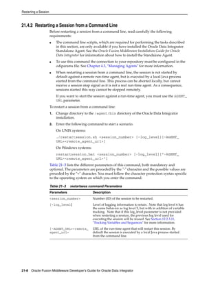 Restarting a Session 
21.4.2 Restarting a Session from a Command Line 
Before restarting a session from a command line, read carefully the following 
requirements: 
■ The command line scripts, which are required for performing the tasks described 
in this section, are only available if you have installed the Oracle Data Integrator 
Standalone Agent. See the Oracle Fusion Middleware Installation Guide for Oracle 
Data Integrator for information about how to install the Standalone Agent. 
■ To use this command the connection to your repository must be configured in the 
odiparams file. See Chapter 4.3, "Managing Agents" for more information. 
■ When restarting a session from a command line, the session is not started by 
default against a remote run-time agent, but is executed by a local Java process 
started from the command line. This process can be aborted locally, but cannot 
receive a session stop signal as it is not a real run-time agent. As a consequence, 
sessions started this way cannot be stopped remotely. 
If you want to start the session against a run-time agent, you must use the AGENT_ 
URL parameter. 
To restart a session from a command line: 
1. Change directory to the /agent/bin directory of the Oracle Data Integrator 
installation. 
2. Enter the following command to start a scenario. 
On UNIX systems: 
./restartsession.sh <session_number> [-log_level][-AGENT_ 
URL=<remote_agent_url>] 
On Windows systems: 
restartsession.bat <session_number> [-log_level]["-AGENT_ 
URL=<remote_agent_url>"] 
Table 21–3 lists the different parameters of this command, both mandatory and 
optional. The parameters are preceded by the "-" character and the possible values are 
preceded by the "=" character. You must follow the character protection syntax specific 
to the operating system on which you enter the command. 
Table 21–3 restartsess command Parameters 
Parameters Description 
<session_number> Number (ID) of the session to be restarted. 
[-log_level] Level of logging information to retain. Note that log level 6 has 
the same behavior as log level 5, but with in addition of variable 
tracking. Note that if this log_level parameter is not provided 
when restarting a session, the previous log level used for 
executing the session will be reused. See Section 12.2.3.11, 
"Tracking Variables and Sequences" for more information. 
[-AGENT_URL=<remote_ 
agent_url> 
URL of the run-time agent that will restart this session. By 
default the session is executed by a local Java process started 
from the command line. 
21-8 Oracle Fusion Middleware Developer's Guide for Oracle Data Integrator 
 