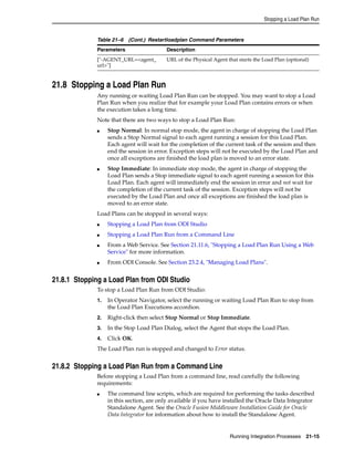 Stopping a Load Plan Run 
Table 21–6 (Cont.) Restartloadplan Command Parameters 
Parameters Description 
URL of the Physical Agent that starts the Load Plan (optional) 
Running Integration Processes 21-15 
["-AGENT_URL=<agent_ 
url>"] 
21.8 Stopping a Load Plan Run 
Any running or waiting Load Plan Run can be stopped. You may want to stop a Load 
Plan Run when you realize that for example your Load Plan contains errors or when 
the execution takes a long time. 
Note that there are two ways to stop a Load Plan Run: 
■ Stop Normal: In normal stop mode, the agent in charge of stopping the Load Plan 
sends a Stop Normal signal to each agent running a session for this Load Plan. 
Each agent will wait for the completion of the current task of the session and then 
end the session in error. Exception steps will not be executed by the Load Plan and 
once all exceptions are finished the load plan is moved to an error state. 
■ Stop Immediate: In immediate stop mode, the agent in charge of stopping the 
Load Plan sends a Stop immediate signal to each agent running a session for this 
Load Plan. Each agent will immediately end the session in error and not wait for 
the completion of the current task of the session. Exception steps will not be 
executed by the Load Plan and once all exceptions are finished the load plan is 
moved to an error state. 
Load Plans can be stopped in several ways: 
■ Stopping a Load Plan from ODI Studio 
■ Stopping a Load Plan Run from a Command Line 
■ From a Web Service. See Section 21.11.6, "Stopping a Load Plan Run Using a Web 
Service" for more information. 
■ From ODI Console. See Section 23.2.4, "Managing Load Plans". 
21.8.1 Stopping a Load Plan from ODI Studio 
To stop a Load Plan Run from ODI Studio: 
1. In Operator Navigator, select the running or waiting Load Plan Run to stop from 
the Load Plan Executions accordion. 
2. Right-click then select Stop Normal or Stop Immediate. 
3. In the Stop Load Plan Dialog, select the Agent that stops the Load Plan. 
4. Click OK. 
The Load Plan run is stopped and changed to Error status. 
21.8.2 Stopping a Load Plan Run from a Command Line 
Before stopping a Load Plan from a command line, read carefully the following 
requirements: 
■ The command line scripts, which are required for performing the tasks described 
in this section, are only available if you have installed the Oracle Data Integrator 
Standalone Agent. See the Oracle Fusion Middleware Installation Guide for Oracle 
Data Integrator for information about how to install the Standalone Agent. 
 