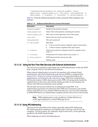 Managing Executions Using Web Services 
./getsessionstatusremote.sh <session_number> <work_ 
repository> <remote_agent_url> <odi_user> <odi_password> -w 
<wait_mode> -t <timeout> -i <interval> -h <http_timeout> -v 
Table 21–10 lists the different parameters of this command, both mandatory and 
optional. 
Table 21–10 GetSessionStatusRemote command Parameters 
Parameters Description 
<session_number> Number of the session to monitor. 
<work_repository> Name of the work repository containing the scenario. 
<remote_agent_url> URL of the run-time agent that will run this session. 
<odi_user> Name of the user used to run this sessions. 
<odi_password> This user’s password. 
-w <wait_mode> Wait mode: 
■ 0: Do not wait for session completion, report current status. 
■ 1: Wait for session completion then report status. 
-t <timeout> Timeout in seconds for waiting for session to complete if sync_ 
mode = 2. 
-i <interval> Polling interval for session status if sync_mode = 2. 
-h <http_timeout> HTTP timeout for the web services calls. 
-v Verbose mode. 
21.11.12 Using the Run-Time Web Services with External Authentication 
The web services examples in this chapter use an ODI authentication within the SOAP 
body, using the OdiUser and OdiPassword elements. 
When external authentication is set up for the repository and container based 
authentication with Oracle Platform Security Services (OPSS) is configured (See 
Section 24.3.2, "Setting Up External Authentication" for more information), the 
authentication can be passed to the web service using HTTP basic authentication, 
WS-Security headers, SAML tokens and so forth. OPSS will transparently handle the 
authentication on the server-side with the identity provider. In such situation, the 
OdiUser and OdiPassword elements can be omitted. 
The run-time web services will first try to authenticate using OPSS. If no 
authentication parameters have been provided, OPSS uses anonymous user and the 
OdiUser and OdiPassword are checked. Otherwise (this is in case of invalid credentials 
to OPSS) OPSS throws an authentication exception and the web service is not invoked. 
Note: OPSS authentication is only possible for a Public Web Service 
or JEE Agent deployed in a Oracle WebLogic Server. 
Running Integration Processes 21-29 
21.11.13 Using WS-Addressing 
The web services described in this chapter optionally support WS-Addressing. 
WS-Addressing allows replying on an endpoint when a run-time web service call 
completes. For this purpose, two endpoints, ReplyTo and FaultTo, can be optionally 
specified in the SOAP request header. 
These endpoints are used in the following way: 
 