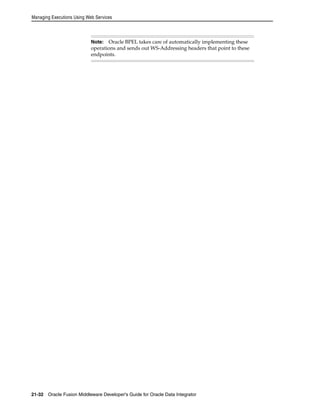 Managing Executions Using Web Services 
Note: Oracle BPEL takes care of automatically implementing these 
operations and sends out WS-Addressing headers that point to these 
endpoints. 
21-32 Oracle Fusion Middleware Developer's Guide for Oracle Data Integrator 
 