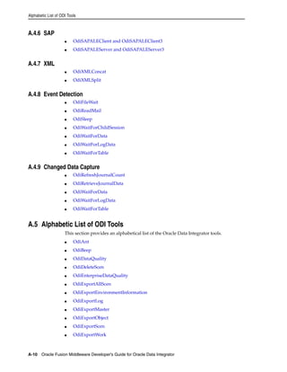 Alphabetic List of ODI Tools 
A.4.6 SAP 
■ OdiSAPALEClient and OdiSAPALEClient3 
■ OdiSAPALEServer and OdiSAPALEServer3 
A.4.7 XML 
■ OdiXMLConcat 
■ OdiXMLSplit 
A.4.8 Event Detection 
■ OdiFileWait 
■ OdiReadMail 
■ OdiSleep 
■ OdiWaitForChildSession 
■ OdiWaitForData 
■ OdiWaitForLogData 
■ OdiWaitForTable 
A.4.9 Changed Data Capture 
■ OdiRefreshJournalCount 
■ OdiRetrieveJournalData 
■ OdiWaitForData 
■ OdiWaitForLogData 
■ OdiWaitForTable 
A.5 Alphabetic List of ODI Tools 
This section provides an alphabetical list of the Oracle Data Integrator tools. 
■ OdiAnt 
■ OdiBeep 
■ OdiDataQuality 
■ OdiDeleteScen 
■ OdiEnterpriseDataQuality 
■ OdiExportAllScen 
■ OdiExportEnvironmentInformation 
■ OdiExportLog 
■ OdiExportMaster 
■ OdiExportObject 
■ OdiExportScen 
■ OdiExportWork 
A-10 Oracle Fusion Middleware Developer's Guide for Oracle Data Integrator 
 