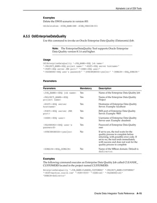 Alphabetic List of ODI Tools 
Examples 
Delete the DWH scenario in version 001 
OdiDeleteScen -SCEN_NAME=DWH -SCEN_VERSION=001 
Note: The EnterpriseDataQuality Tool supports Oracle Enterprise 
Data Quality version 8.1.6 and higher. 
Parameters Mandatory Description 
-JOB_NAME=<EDQ job name> Yes Name of the Enterprise Data Quality Job 
-PROJECT_NAME=<EDQ 
Yes Name of the Enterprise Data Quality 
project name> 
Project 
Yes Hostname of Enterprise Data Quality 
Server. Example: localhost 
Yes JMX port of Enterprise Data Quality 
Server. Example: 9005 
-USER=<EDQ user> Yes Username of Enterprise Data Quality 
Server user. Example: dnadmin 
Yes Password of Enterprise Data Quality 
user 
-SYNCHRONOUS=<yes|no> No If set to yes, the tool waits for the 
quality process to complete before 
returning, with possible error code. If 
set to no, the tool ends immediately 
with success and does not wait for the 
quality process to complete 
-DOMAIN=<EDQ_DOMAIN> No Name of the MBean domain. Default is 
dndirector. 
Oracle Data Integrator Tools Reference A-15 
A.5.5 OdiEnterpriseDataQuality 
Use this command to invoke an Oracle Enterprise Data Quality (Datanomic) Job. 
Usage 
OdiEnterpriseDataQuality "-JOB_NAME=<EDQ job name>" 
"-PROJECT_NAME=<EDQ project name>" "-HOST=<EDQ server hostname>" 
"-PORT=<EDQ server JMX port>" "-USER=<EDQ user>" 
"-PASSWORD=<EDQ user's password>" "-SYNCHRONOUS=<yes|no>" "-DOMAIN=-<EDQ_DOMAIN>" 
Parameters 
-HOST=<EDQ server 
hostname> 
-PORT=<EDQ server JMX 
port> 
-PASSWORD=<EDQ user's 
password> 
Examples 
The following command executes an Enterprise Data Quality Job called CLEANSE_ 
CUSTOMERS located in the project named CUSTOMERS: 
EnterpriseDataQuality "-JOB_NAME=CLEANSE_CUSTOMERS" "-PROJECT_NAME=CUSTOMERS" 
"-HOST=machine.oracle.com" "-PORT=9005" "-USER=odi" "-PASSWORD=odi” 
"DOMAIN=dndirector" 
 