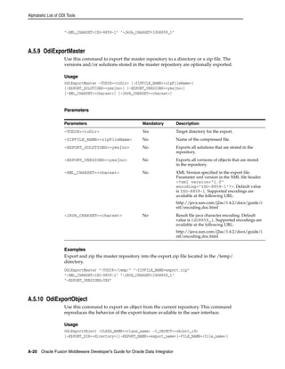 Alphabetic List of ODI Tools 
"-XML_CHARSET=ISO-8859-1" "-JAVA_CHARSET=ISO8859_1" 
A.5.9 OdiExportMaster 
Use this command to export the master repository to a directory or a zip file. The 
versions and/or solutions stored in the master repository are optionally exported. 
Usage 
OdiExportMaster -TODIR=<toDir> [-ZIPFILE_NAME=<zipFileName>] 
[-EXPORT_SOLUTIONS=<yes|no>] [-EXPORT_VERSIONS=<yes|no>] 
[-XML_CHARSET=<charset>] [-JAVA_CHARSET=<charset>] 
Parameters 
Parameters Mandatory Description 
-TODIR=<toDir> Yes Target directory for the export. 
-ZIPFILE_NAME=<zipFileName> No Name of the compressed file. 
-EXPORT_SOLUTIONS=<yes|no> No Exports all solutions that are stored in the 
Examples 
Export and zip the master repository into the export.zip file located in the /temp/ 
directory. 
OdiExportMaster "-TODIR=/temp/" "-ZIPFILE_NAME=export.zip" 
"-XML_CHARSET=ISO-8859-1" "-JAVA_CHARSET=ISO8859_1" 
"-EXPORT_VERSIONS=YES" 
A.5.10 OdiExportObject 
Use this command to export an object from the current repository. This command 
reproduces the behavior of the export feature available in the user interface. 
Usage 
OdiExportObject -CLASS_NAME=<class_name> -I_OBJECT=<object_id> 
[-EXPORT_DIR=<directory>][-EXPORT_NAME=<export_name>|-FILE_NAME=<file_name>] 
A-20 Oracle Fusion Middleware Developer's Guide for Oracle Data Integrator 
repository. 
-EXPORT_VERSIONS=<yes|no> No Exports all versions of objects that are stored 
in the repository. 
-XML_CHARSET=<charset> No XML Version specified in the export file. 
Parameter xml version in the XML file header. 
<?xml version="1.0" 
encoding="ISO-8859-1"?>. Default value 
is ISO-8859-1. Supported encodings are 
available at the following URL: 
http://java.sun.com/j2se/1.4.2/docs/guide/i 
ntl/encoding.doc.html 
-JAVA_CHARSET=<charset> No Result file java character encoding. Default 
value is ISO8859_1. Supported encodings are 
available at the following URL: 
http://java.sun.com/j2se/1.4.2/docs/guide/i 
ntl/encoding.doc.html 
 