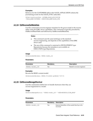 Alphabetic List of ODI Tools 
Examples 
Retrieves for the CUSTOMERS table in the SALES_APPLICATION schema the 
journalizing events for the SALES_SYNC subscriber. 
OdiRetrieveJournalData -LSCHEMA=SALES_APPLICATION 
-TABLE_NAME=CUSTOMERS -SUBSCRIBER_NAME=SALES_SYNC 
■ This command uses the same technique as the standard 
Oracle Data Integrator Tools Reference A-53 
A.5.34 OdiReverseGetMetaData 
Use this command to reverse-engineer metadata for the given model in the reverse 
tables using the JDBC driver capabilities. This command is typically preceded by 
OdiReverseResetTable and followed by OdiReverseSetMetaData. 
Notes: 
Usage 
OdiReverseGetMetaData -MODEL=<model_id> 
Parameters 
Examples 
Reverse the RKM’s current model. 
OdiReverseGetMetaData -MODEL=<%=odiRef.getModel("ID")%> 
A.5.35 OdiReverseManageShortcut 
Use this command to define how to handle shortcuts when they are 
reverse-engineered in a model. 
Usage 
OdiReverseManageShortcut "-MODEL=<model_id>" "-MODE=MATERIALIZING_MODE" 
Parameters 
reverse-engineering, and depends on the capabilities of the JDBC 
driver used. 
■ The use of this command is restricted to DEVELOPMENT type 
Repositories because the metadata is not available on 
EXECUTION type Repositories. 
Parameters Mandatory Description 
-MODEL=<model_id> Yes Model to reverse-engineer. 
Parameters Mandatory Description 
-MODEL=<model_id> Yes Internal identifier of the model that has to be 
reversed. 
 