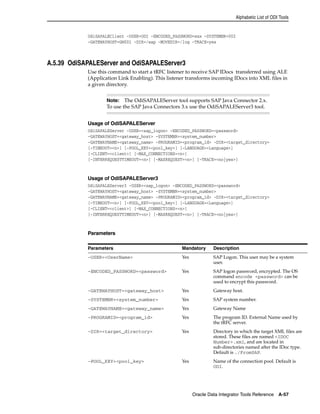 Alphabetic List of ODI Tools 
OdiSAPALEClient -USER=ODI -ENCODED_PASSWORD=xxx -SYSTEMNR=002 
-GATEWAYHOST=GW001 -DIR=/sap -MOVEDIR=/log -TRACE=yes 
Note: The OdiSAPALEServer tool supports SAP Java Connector 2.x. 
To use the SAP Java Connectors 3.x use the OdiSAPALEServer3 tool. 
Oracle Data Integrator Tools Reference A-57 
A.5.39 OdiSAPALEServer and OdiSAPALEServer3 
Use this command to start a tRFC listener to receive SAP IDocs transferred using ALE 
(Application Link Enabling). This listener transforms incoming IDocs into XML files in 
a given directory. 
Usage of OdiSAPALEServer 
OdiSAPALEServer -USER=<sap_logon> -ENCODED_PASSWORD=<password> 
-GATEWAYHOST=<gateway_host> -SYSTEMNR=<system_number> 
-GATEWAYNAME=<gateway_name> -PROGRAMID=<program_id> -DIR=<target_directory> 
[-TIMEOUT=<n>] [-POOL_KEY=<pool_key>] [-LANGUAGE=<Language>] 
[-CLIENT=<client>] [-MAX_CONNECTIONS=<n>] 
[-INTERREQUESTTIMEOUT=<n>] [-MAXREQUEST=<n>] [-TRACE=<no|yes>] 
Usage of OdiSAPALEServer3 
OdiSAPALEServer3 -USER=<sap_logon> -ENCODED_PASSWORD=<password> 
-GATEWAYHOST=<gateway_host> -SYSTEMNR=<system_number> 
-GATEWAYNAME=<gateway_name> -PROGRAMID=<program_id> -DIR=<target_directory> 
[-TIMEOUT=<n>] [-POOL_KEY=<pool_key>] [-LANGUAGE=<Language>] 
[-CLIENT=<client>] [-MAX_CONNECTIONS=<n>] 
[-INTERREQUESTTIMEOUT=<n>] [-MAXREQUEST=<n>] [-TRACE=<no|yes>] 
Parameters 
Parameters Mandatory Description 
-USER=<UserName> Yes SAP Logon. This user may be a system 
user. 
-ENCODED_PASSWORD=<password> Yes SAP logon password, encrypted. The OS 
command encode <password> can be 
used to encrypt this password. 
-GATEWAYHOST=<gateway_host> Yes Gateway host. 
-SYSTEMNR=<system_number> Yes SAP system number. 
-GATEWAYNAME=<gateway_name> Yes Gateway Name 
-PROGRAMID=<program_id> Yes The program ID. External Name used by 
the tRFC server. 
-DIR=<target_directory> Yes Directory in which the target XML files are 
stored. These files are named <IDOC 
Number>.xml, and are located in 
sub-directories named after the IDoc type. 
Default is ./FromSAP. 
-POOL_KEY=<pool_key> Yes Name of the connection pool. Default is 
ODI. 
 