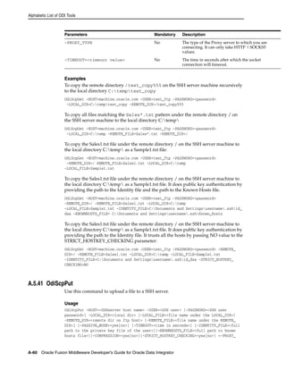 Alphabetic List of ODI Tools 
Parameters Mandatory Description 
-PROXY_TYPE No The type of the Proxy server to which you are 
Examples 
To copy the remote directory /test_copy555 on the SSH server machine recursively 
to the local directory C:temptest_copy 
OdiScpGet -HOST=machine.oracle.com -USER=test_ftp -PASSWORD=<password> 
-LOCAL_DIR=C:temptest_copy -REMOTE_DIR=/test_copy555 
To copy all files matching the Sales*.txt pattern under the remote directory / on 
the SSH server machine to the local directory C:temp 
OdiScpGet -HOST=machine.oracle.com -USER=test_ftp -PASSWORD=<password> 
-LOCAL_DIR=C:temp -REMOTE_FILE=Sales*.txt -REMOTE_DIR=/ 
To copy the Sales1.txt file under the remote directory / on the SSH server machine to 
the local directory C:temp as a Sample1.txt file: 
OdiScpGet -HOST=machine.oracle.com -USER=test_ftp -PASSWORD=<password> 
-REMOTE_DIR=/ REMOTE_FILE=Sales1.txt -LOCAL_DIR=C:temp 
-LOCAL_FILE=Sample1.txt 
To copy the Sales1.txt file under the remote directory / on the SSH server machine to 
the local directory C:temp as a Sample1.txt file. It does public key authentication by 
providing the path to the Identity file and the path to the Known Hosts file. 
OdiScpGet -HOST=machine.oracle.com -USER=test_ftp -PASSWORD=<password> 
-REMOTE_DIR=/ -REMOTE_FILE=Sales1.txt -LOCAL_DIR=C:temp 
-LOCAL_FILE=Sample1.txt -IDENTITY_FILE=C:Documents and Settingsusername.sshid_ 
dsa -KNOWNHOSTS_FILE= C:Documents and Settingsusername.sshKnown_Hosts 
To copy the Sales1.txt file under the remote directory / on the SSH server machine to 
the local directory C:temp as a Sample1.txt file. It does public key authentication by 
providing the path to the Identity file. It trusts all the hosts by passing NO value to the 
STRICT_HOSTKEY_CHECKING parameter: 
OdiScpGet -HOST=machine.oracle.com -USER=test_ftp -PASSWORD=<password> -REMOTE_ 
DIR=/ -REMOTE_FILE=Sales1.txt -LOCAL_DIR=C:temp -LOCAL_FILE=Sample1.txt 
-IDENTITY_FILE=C:Documents and Settingsusername.sshid_dsa -STRICT_HOSTKEY_ 
CHECKING=NO 
A.5.41 OdiScpPut 
Use this command to upload a file to a SSH server. 
Usage 
OdiScpPut -HOST=<SSHserver host name> -USER=<SSH user> [-PASSWORD=<SSH user 
password>] -LOCAL_DIR=<local dir> [-LOCAL_FILE=<file name under the LOCAL_DIR>] 
-REMOTE_DIR=<remote dir on ftp host> [-REMOTE_FILE=<file name under the REMOTE_ 
DIR>] [-PASSIVE_MODE=<yes|no>] [-TIMEOUT=<time in seconds>] [-IDENTITY_FILE=<full 
path to the private key file of the user>][-KNOWNHOSTS_FILE=<full path to known 
hosts file>][-COMPRESSION=<yes|no>][-STRICT_HOSTKEY_CHECKING=<yes|no>] <-PROXY_ 
A-60 Oracle Fusion Middleware Developer's Guide for Oracle Data Integrator 
connecting. It can only take HTTP | SOCKS5 
values. 
-TIMEOUT=<timeout value> No The time in seconds after which the socket 
connection will timeout. 
 