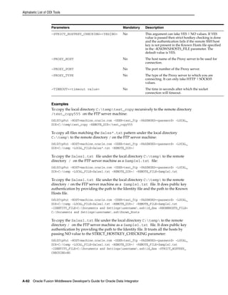 Alphabetic List of ODI Tools 
Parameters Mandatory Description 
-STRICT_HOSTKEY_CHECKING=<YES|NO> No This argument can take YES | NO values. If YES 
Examples 
To copy the local directory C:temptest_copy recursively to the remote directory 
/test_copy555 on the FTP server machine: 
OdiSftpPut -HOST=machine.oracle.com -USER=test_ftp -PASSWORD=<password> -LOCAL_ 
DIR=C:temptest_copy -REMOTE_DIR=/test_copy555 
To copy all files matching the Sales*.txt pattern under the local directory 
C:temp to the remote directory / on the FTP server machine: 
OdiSftpPut -HOST=machine.oracle.com -USER=test_ftp -PASSWORD=<password> -LOCAL_ 
DIR=C:temp -LOCAL_FILE=Sales*.txt -REMOTE_DIR=/ 
To copy the Sales1.txt file under the local directory C:temp to the remote 
directory / on the FTP server machine as a Sample1.txt file: 
OdiSftpPut -HOST=machine.oracle.com -USER=test_ftp -PASSWORD=<password> -LOCAL_ 
DIR=C:temp -LOCAL_FILE=Sales1.txt -REMOTE_DIR=/ -REMOTE_FILE=Sample1.txt 
To copy the Sales1.txt file under the local directory C:temp to the remote 
directory / on the FTP server machine as a Sample1.txt file. It does public key 
authentication by providing the path to the Identity file and the path to the Known 
Hosts file. 
OdiSftpPut -HOST=machine.oracle.com -USER=test_ftp -PASSWORD=<password> -LOCAL_ 
DIR=C:temp -LOCAL_FILE=Sales1.txt -REMOTE_DIR=/ -REMOTE_FILE=Sample1.txt 
-IDENTITY_FILE=C:Documents and Settingsusername.sshid_dsa -KNOWNHOSTS_FILE= 
C:Documents and Settingsusername.sshKnown_Hosts 
To copy the Sales1.txt file under the local directory C:temp to the remote 
directory / on the FTP server machine as a Sample1.txt file. It does public key 
authentication by providing the path to the Identity file. It trusts all the hosts by 
passing NO value to the STRICT_HOSTKEY_CHECKING parameter: 
OdiSftpPut -HOST=machine.oracle.com -USER=test_ftp -PASSWORD=<password> -LOCAL_ 
DIR=C:temp -LOCAL_FILE=Sales1.txt -REMOTE_DIR=/ -REMOTE_FILE=Sample1.txt 
-IDENTITY_FILE=C:Documents and Settingsusername.sshid_dsa -STRICT_HOSTKEY_ 
CHECKING=NO 
A-62 Oracle Fusion Middleware Developer's Guide for Oracle Data Integrator 
value is passed then strict hostkey checking is done 
and the authentication fails if the remote SSH host 
key is not present in the Known Hosts file specified 
in the –KNOWNHOSTS_FILE parameter. The 
default value is YES. 
-PROXY_HOST No The host name of the Proxy server to be used for 
connection. 
-PROXY_PORT No The port number of the Proxy server. 
-PROXY_TYPE No The type of the Proxy server to which you are 
connecting. It can only take HTTP | SOCKS5 
values. 
-TIMEOUT=<timeout value> No The time in seconds after which the socket 
connection will timeout. 
 