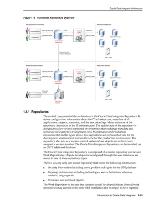 Oracle Data Integrator Architecture 
Introduction to Oracle Data Integrator 1-15 
Figure 1–6 Functional Architecture Overview 
1.4.1 Repositories 
The central component of the architecture is the Oracle Data Integrator Repository. It 
stores configuration information about the IT infrastructure, metadata of all 
applications, projects, scenarios, and the execution logs. Many instances of the 
repository can coexist in the IT infrastructure. The architecture of the repository is 
designed to allow several separated environments that exchange metadata and 
scenarios (for example: Development, Test, Maintenance and Production 
environments). In the figure above, two repositories are represented: one for the 
development environment, and another one for the production environment. The 
repository also acts as a version control system where objects are archived and 
assigned a version number. The Oracle Data Integrator Repository can be installed on 
an OLTP relational database. 
The Oracle Data Integrator Repository is composed of a master repository and several 
Work Repositories. Objects developed or configured through the user interfaces are 
stored in one of these repository types. 
There is usually only one master repository that stores the following information: 
■ Security information including users, profiles and rights for the ODI platform 
■ Topology information including technologies, server definitions, schemas, 
contexts, languages etc. 
■ Versioned and archived objects. 
The Work Repository is the one that contains actual developed objects. Several work 
repositories may coexist in the same ODI installation (for example, to have separate 
 