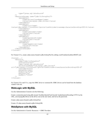 Installation and Setup



        type="javax.sql.DataSource"
    />
    <ResourceParams name="jdbc/LiferayPool">
        <parameter>
            <name>driverClassName</name>
            <value>com.mysql.jdbc.Driver</value>
        </parameter>
        <parameter>
            <name>url</name>
<value>jdbc:mysql://localhost/lportal?useUnicode=true&amp;characterEncoding=UTF-8</value>
        </parameter>
        <parameter>
            <name>username</name>
            <value>test</value>
        </parameter>
        <parameter>
            <name>password</name>
            <value>test</value>
        </parameter>
        <parameter>
            <name>maxActive</name>
            <value>20</value>
        </parameter>
    </ResourceParams>
</Context>


For Tomcat 5.5.x, create a data source bound to jdbc/LiferayPool by editing /conf/Catalina/localhost/ROOT.xml.

<Context...>
    <Resource
        name="jdbc/LiferayPool"
        auth="Container"
        type="javax.sql.DataSource"
        driverClassName="com.mysql.jdbc.Driver"
url="jdbc:mysql://localhost/lportal?useUnicode=true&characterEncoding=UTF-8"
        username="test"
        password="test"
        maxActive="100"
        maxIdle="30"
        maxWait="10000"
    />
</Context>


For Tomcat 5.0.x and 5.5.x, copy the JDBC driver to /common/lib. JDBC drivers can be found from the database
vendor's web site.

WebLogic with MySQL
Use the Administration Console to do the following:

Create a connection pool using jdbc:mysql://localhost/lportal?useUnicode=true&characterEncoding=UTF-8 as the
URL, com.mysql.jdbc.Driver as the driver, test as the user name, and test as the password.

Create a data source bound to jdbc/LiferayPool.

Create a Tx data source bound to jdbc/LiferayEJB.

WebSphere with MySQL
Use the Administrative Console: Resources -> JDBC Providers.

                                                       63
 