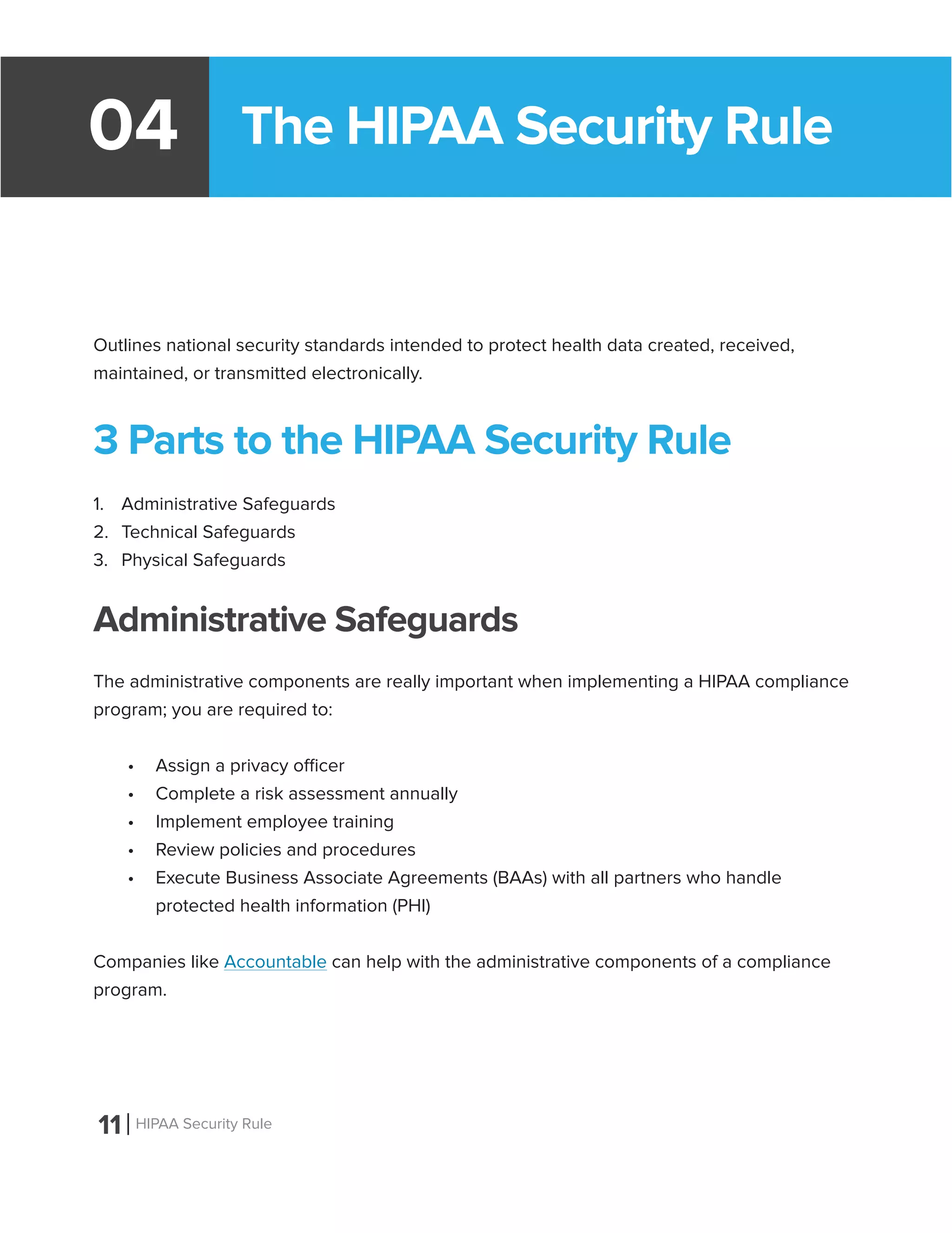 11 HIPAA Security Rule
04
Outlines national security standards intended to protect health data created, received,
maintained, or transmitted electronically.
3 Parts to the HIPAA Security Rule
1.	 Administrative Safeguards
2.	 Technical Safeguards
3.	 Physical Safeguards
Administrative Safeguards
The administrative components are really important when implementing a HIPAA compliance
program; you are required to:
•	 Assign a privacy officer
•	 Complete a risk assessment annually
•	 Implement employee training
•	 Review policies and procedures
•	 Execute Business Associate Agreements (BAAs) with all partners who handle
protected health information (PHI)
Companies like Accountable can help with the administrative components of a compliance
program.
The HIPAA Security Rule
 