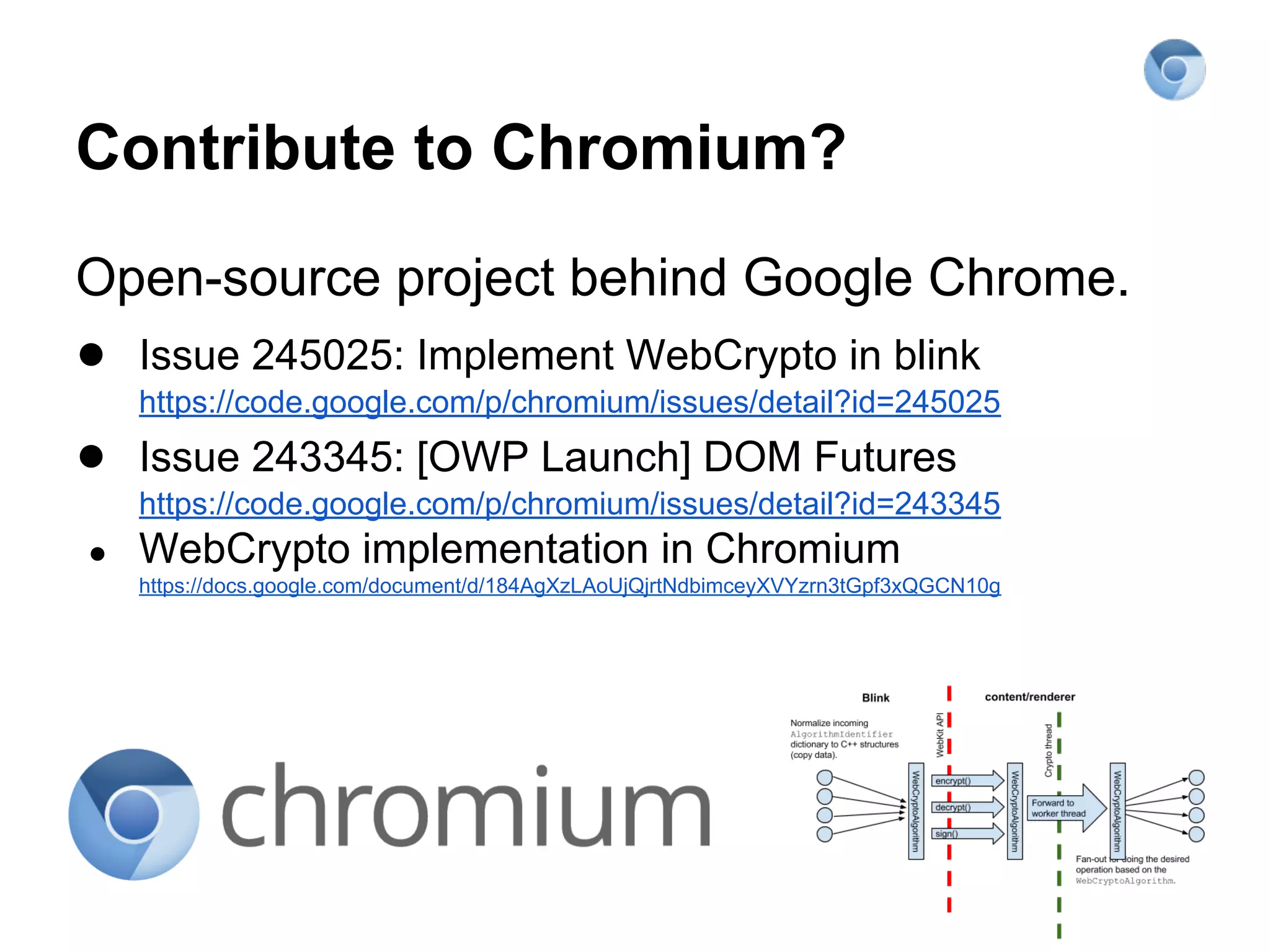 Contribute to Chromium?
Open-source project behind Google Chrome.
● Issue 245025: Implement WebCrypto in blink
https://code.google.com/p/chromium/issues/detail?id=245025

● Issue 243345: [OWP Launch] DOM Futures
https://code.google.com/p/chromium/issues/detail?id=243345
●

WebCrypto implementation in Chromium
https://docs.google.com/document/d/184AgXzLAoUjQjrtNdbimceyXVYzrn3tGpf3xQGCN10g

 