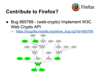 Contribute to Firefox?
● Bug 865789 - (web-crypto) Implement W3C
Web Crypto API
○ https://bugzilla.mozilla.org/show_bug.cgi?id=865789

 