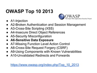 OWASP Top 10 2013
●
●
●
●
●
●
●
●
●
●

A1-Injection
A2-Broken Authentication and Session Management
A3-Cross-Site Scripting (XSS)
A4-Insecure Direct Object References
A5-Security Misconfiguration
A6-Sensitive Data Exposure
A7-Missing Function Level Action Control
A8-Cross-Site Request Forgery (CSRF)
A9-Using Components with Known Vulnerabilities
A10-Unvalidated Redirects and Forwards
https://www.owasp.org/index.php/Top_10_2013

 