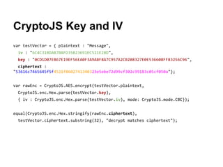 Node.js Crypto Password (NoSalt)
var crypto = require("crypto");
/* createCipher compatible with OpenSSL -nosalt */
var co...