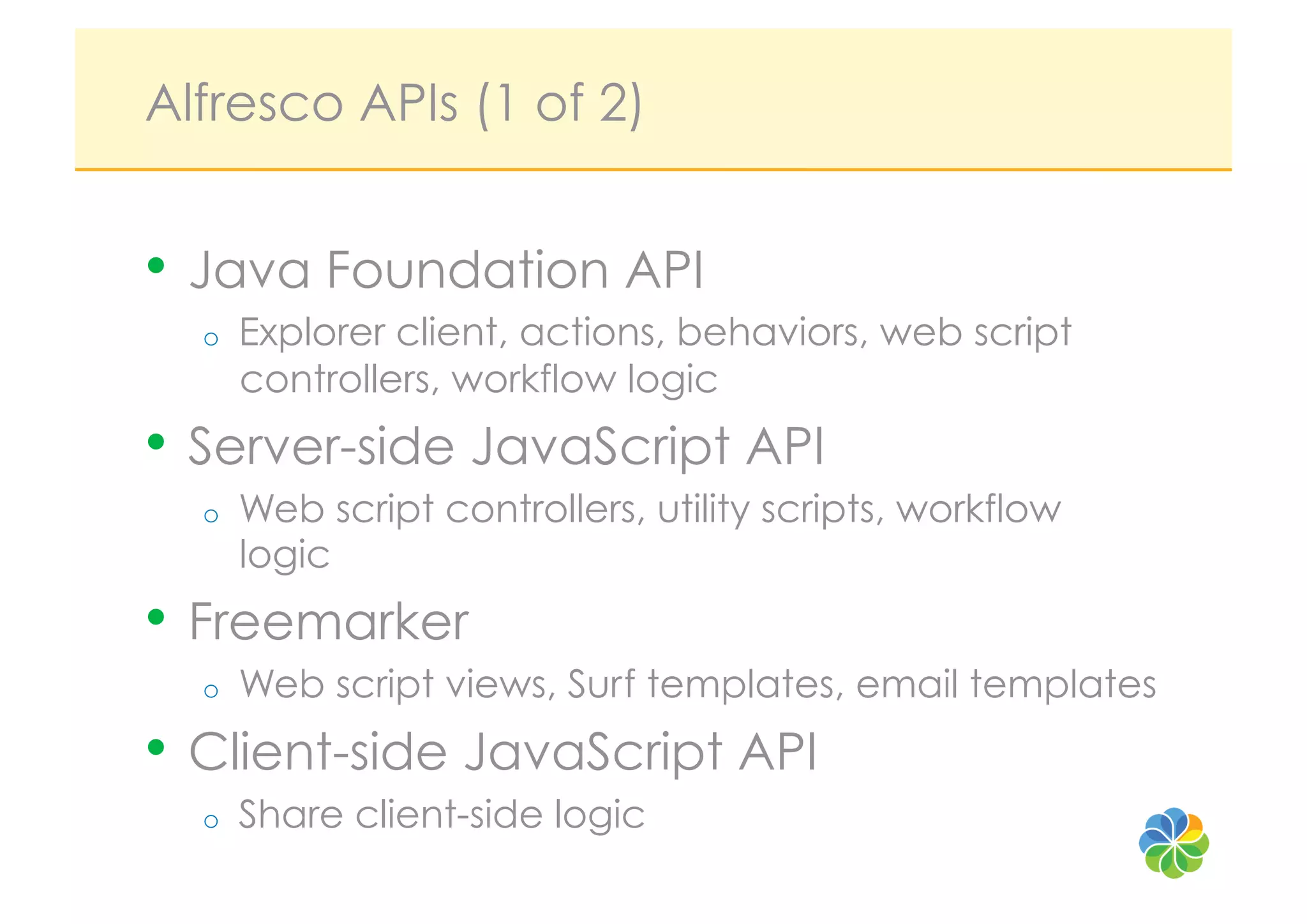Alfresco APIs (1 of 2)


•  Java Foundation API
  o    Explorer client, actions, behaviors, web script
       controllers, workflow logic
•  Server-side JavaScript API
  o    Web script controllers, utility scripts, workflow
       logic
•  Freemarker
  o    Web script views, Surf templates, email templates
•  Client-side JavaScript API
  o    Share client-side logic
 