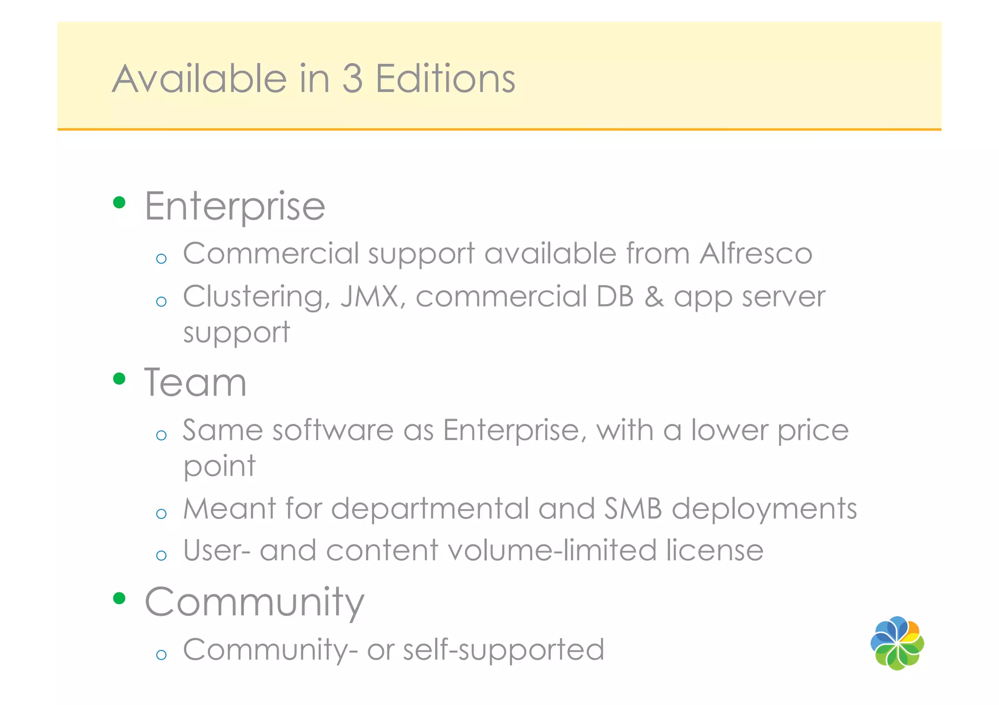 Available in 3 Editions


•  Enterprise
  o    Commercial support available from Alfresco
  o    Clustering, JMX, commercial DB & app server
       support
•  Team
  o    Same software as Enterprise, with a lower price
       point
  o    Meant for departmental and SMB deployments
  o    User- and content volume-limited license
•  Community
  o    Community- or self-supported
 