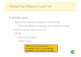 Obtaining Alfresco (cont’d)


•  Distribution
  o    Repository (binary installer or WAR-only)
        •  Includes Alfresco Explorer and Alfresco Share
  o    SDK (includes most source)
  o    WCM
        •  Web Quick Start
        •  “AVM” style

                100% of the source code is
                available in SVN. Not necessarily
                needed for your project, though.
 