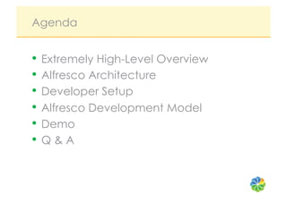 Agenda


•  Extremely High-Level Overview
•  Alfresco Architecture
•  Developer Setup
•  Alfresco Development Model
•  Demo
•  Q & A
 