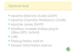 Optional Tools


•  Apache Directory Studio (LDAP)
•  Apache Chemistry Workbench (CMIS)
•  Apache James (SMTP)
•  Workflow modeler Eclipse plug-in
   (JBoss GPD, Activiti)
•  cURL
•  Firebug Firefox Add-on
•  Tamper Data Firefox Add-on
 