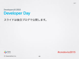 Developer Day
スライドは後日ブログで公開します。
69
A-1
Ⓒ Classmethod, Inc.
#cmdevio2015
 