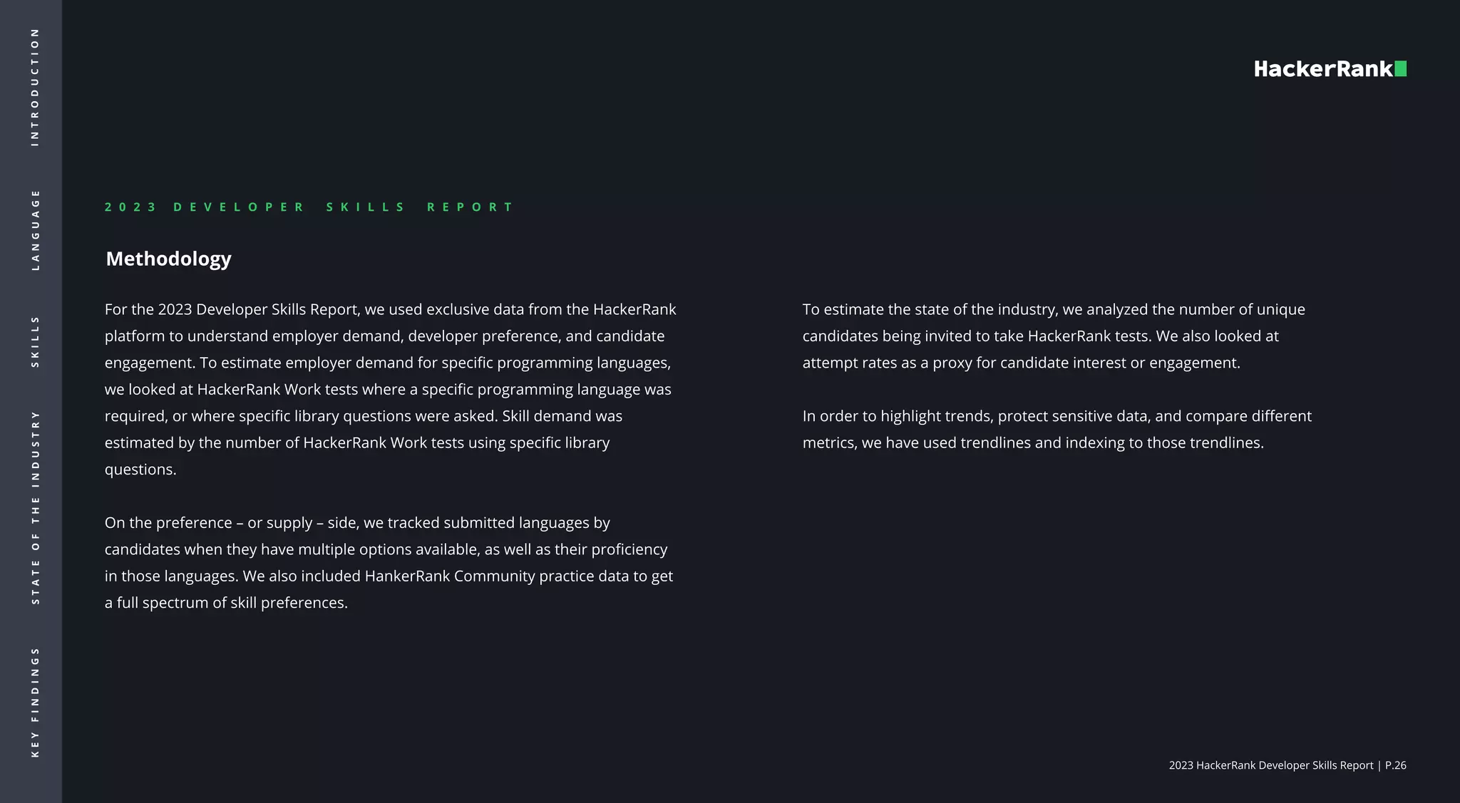 2023 HackerRank Developer Skills Report | P.26
I
N
T
R
O
d
u
c
t
i
o
n
L
A
N
G
U
A
G
E
S
K
I
L
L
S
S
T
A
T
E
O
F
T
H
E
I
N
D
U
S
T
R
Y
K
E
Y
F
I
N
D
I
N
G
S
2 0 2 3 D E V E L O P E R S K I L L S R E P O R T

Methodology
For the 2023 Developer Skills Report, we used exclusive data from the HackerRank
platform to understand employer demand, developer preference, and candidate
engagement. To estimate employer demand for specific programming languages,
we looked at HackerRank Work tests where a specific programming language was
required, or where specific library questions were asked. Skill demand was
estimated by the number of HackerRank Work tests using specific library
questions. 


On the preference – or supply – side, we tracked submitted languages by
candidates when they have multiple options available, as well as their proficiency
in those languages. We also included HankerRank Community practice data to get
a full spectrum of skill preferences. 


To estimate the state of the industry, we analyzed the number of unique
candidates being invited to take HackerRank tests. We also looked at
attempt rates as a proxy for candidate interest or engagement.


In order to highlight trends, protect sensitive data, and compare different
metrics, we have used trendlines and indexing to those trendlines.

 