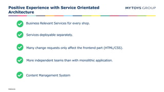 Dateiname
Positive Experience with Service Orientated
Architecture
Business Relevant Services für every shop.
Services deployable separately.
More independent teams than with monolithic application.
Content Management System
Many change requests only affect the frontend part (HTML/CSS).
 