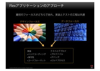 Flexアプリケーションのアプローチ

                 最初のフォーカスがどちらであれ、実装とテストの工程は共通

                            デザインフォーカス                                    データフォーカス




                                                実装                テストとデプロイ
                                                   ハンドコーディング      プロファイル
                                                   保守性            デバッグ
                                                   コードフォーマット      ビルドプロセス

                                                                                    ®




Copyright 2008 Adobe Systems Incorporated. All rights reserved.
 