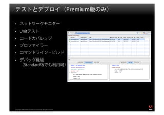テストとデプロイ（Premium版のみ）

       ネットワークモニター
       Unitテスト
       コードカバレッジ
       プロファイラー
       コマンドライン・ビルド
       デバッグ機能
       （Standard版でも利用可）




                                                                  ®




Copyright 2008 Adobe Systems Incorporated. All rights reserved.
 