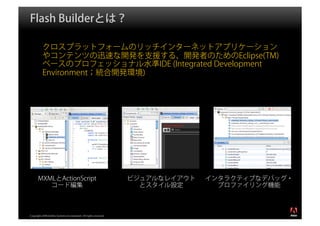 Flash Builderとは？

          クロスプラットフォームのリッチインターネットアプリケーション
          やコンテンツの迅速な開発を支援する、開発者のためのEclipse(TM)
          ベースのプロフェッショナル水準IDE (Integrated Development
          Environment；統合開発環境)




      MXMLとActionScript                                           ビジュアルなレイアウト   インタラクティブなデバッグ・
         コード編集                                                      とスタイル設定       プロファイリング機能


                                                                                                 ®




Copyright 2008 Adobe Systems Incorporated. All rights reserved.
 