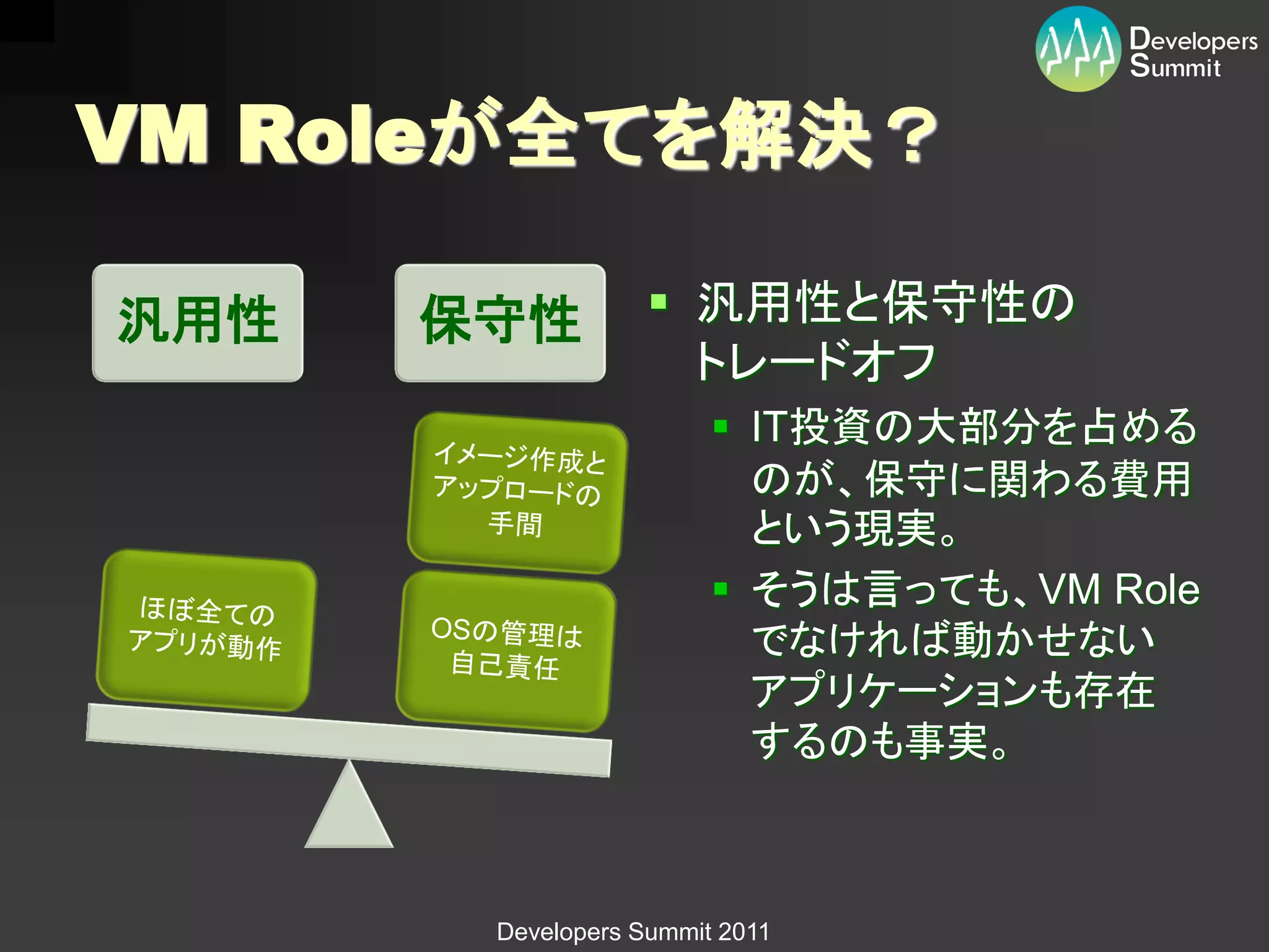 VM Roleが全てを解決？

汎用性   保守性           汎用性と保守性の
                     トレードオフ
                         IT投資の大部分を占める
                          のが、保守に関わる費用
                          という現実。
                         そうは言っても、VM Role
                          でなければ動かせない
                          アプリケーションも存在
                          するのも事実。



       Developers Summit 2011
 