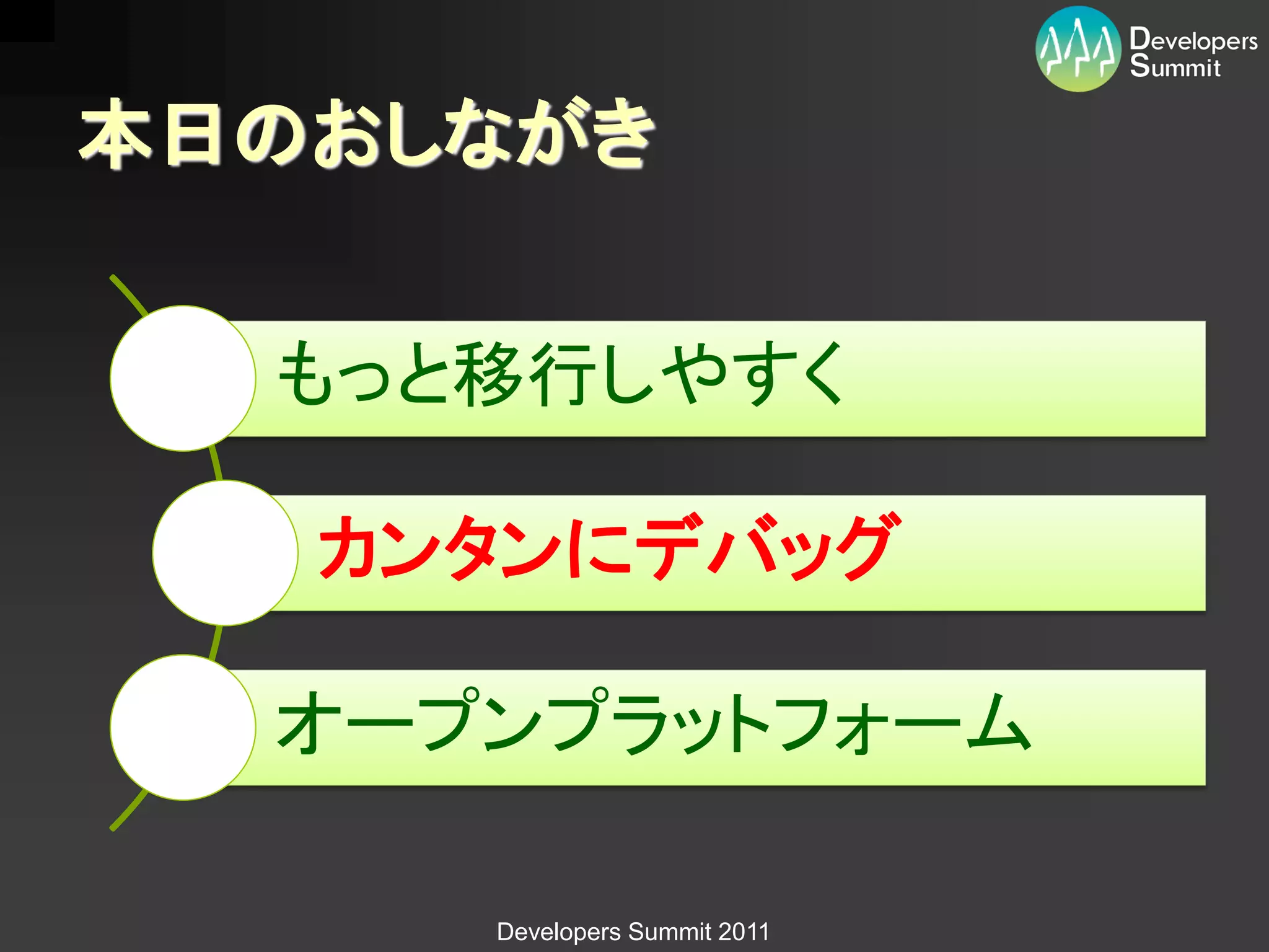 本日のおしながき


  もっと移行しやすく

   カンタンにデバッグ

  オープンプラットフォーム

     Developers Summit 2011
 
