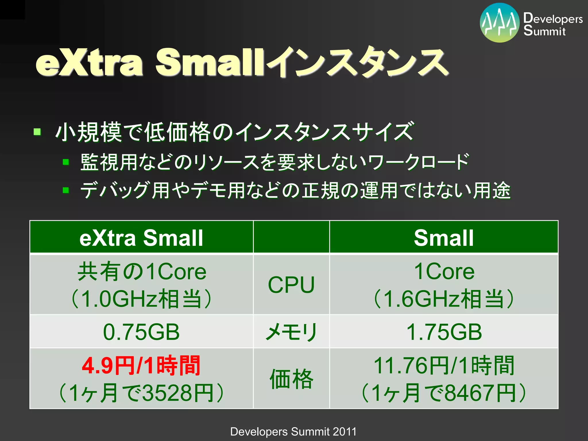 eXtra Smallインスタンス
 小規模で低価格のインスタンスサイズ
  監視用などのリソースを要求しないワークロード
  デバッグ用やデモ用などの正規の運用ではない用途

   eXtra Small                                 Small
   共有の1Core                                    1Core
                       CPU
  （1.0GHz相当）                               （1.6GHz相当）
     0.75GB           メモリ                     1.75GB
   4.9円/1時間                                11.76円/1時間
                       価格
 （1ヶ月で3528円）                              （1ヶ月で8467円）
                 Developers Summit 2011
 