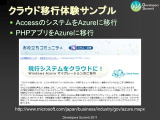 クラウド移行体験サンプル
 AccessのシステムをAzureに移行
 PHPアプリをAzureに移行




 http://www.microsoft.com/japan/business/industry/gov/azure.mspx
                        Developers Summit 2011
 