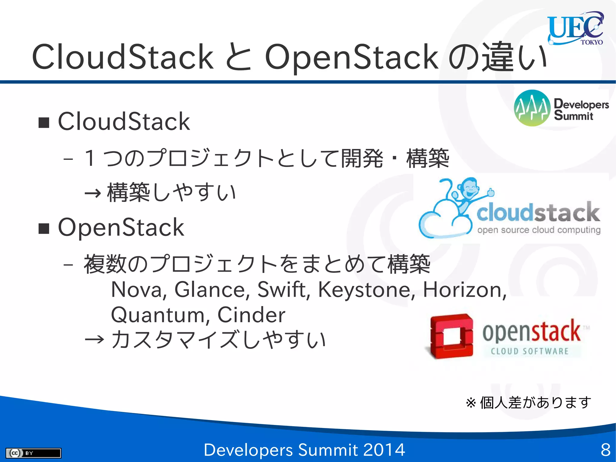 CloudStack と OpenStack の違い
■

CloudStack
–

1 つのプロジェクトとして開発・構築
→ 構築しやすい

■

OpenStack
–

複数のプロジェクトをまとめて構築
　 Nova, Glance, Swift, Keystone, Horizon,
　 Quantum, Cinder
→ カスタマイズしやすい
※ 個人差があります

Developers Summit 2014

8

 