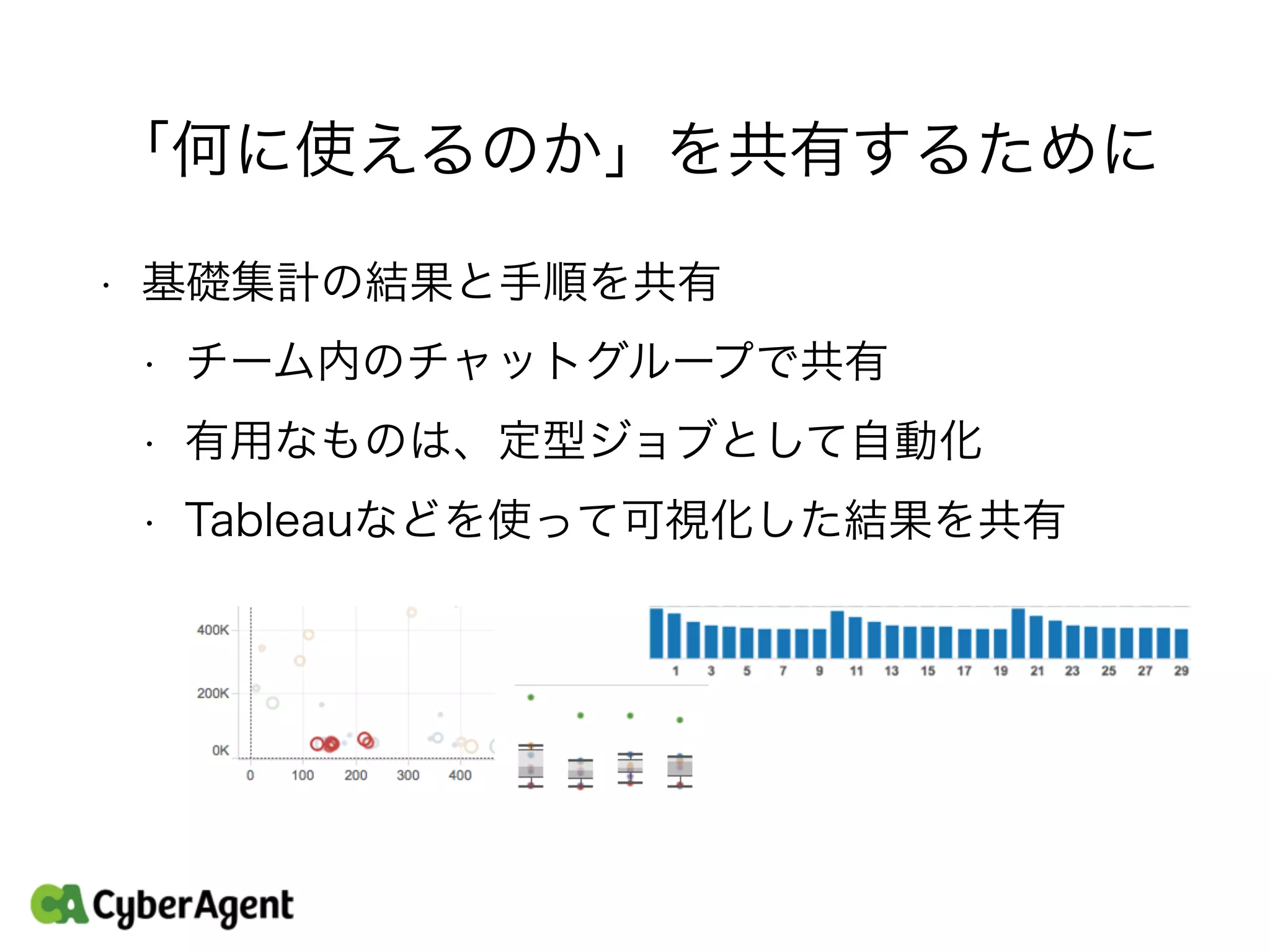 「何に使えるのか」を共有するために
• 基礎集計の結果と手順を共有
• チーム内のチャットグループで共有
• 有用なものは、定型ジョブとして自動化
• Tableauなどを使って可視化した結果を共有
 