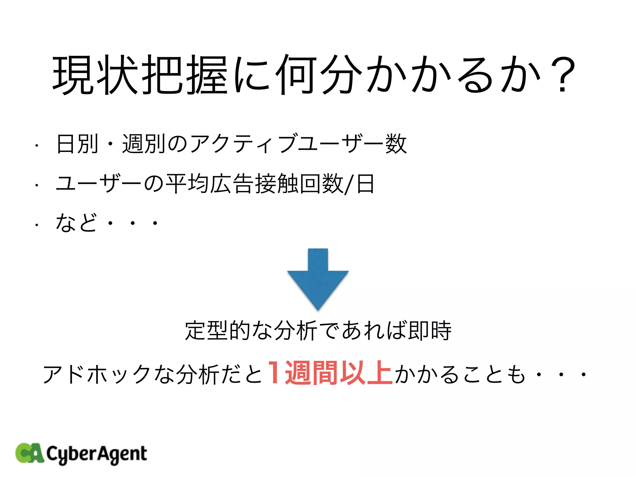 現状把握に何分かかるか？
• 日別・週別のアクティブユーザー数
• ユーザーの平均広告接触回数/日
• など・・・
定型的な分析であれば即時
アドホックな分析だと1週間以上かかることも・・・
 