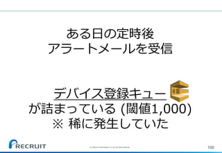 100
ある日の定時後
アラートメールを受信
デバイス登録キュー
が詰まっている (閾値1,000)
※ 稀に発生していた
(C) Recruit Technologies Co.,Ltd. All rights reserved.
 