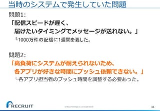 34(C) Recruit Technologies Co.,Ltd. All rights reserved.
当時のシステムで発生していた問題
問題1:
「配信スピードが遅く、
届けたいタイミングでメッセージが送れない。」
└1000万件の配信に1週間を要した。
問題2:
「高負荷にシステムが耐えられないため、
各アプリが好きな時間にプッシュ依頼できない。」
└各アプリ担当者のプッシュ時間を調整する必要あった。
 