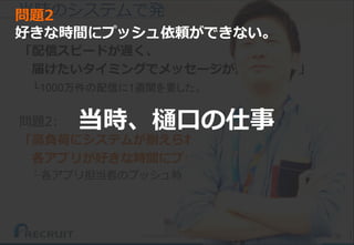 35(C) Recruit Technologies Co.,Ltd. All rights reserved.
当時のシステムで発生していた問題
問題1:
「配信スピードが遅く、
届けたいタイミングでメッセージが送れない。」
└1000万件の配信に1週間を要した。
問題2:
「高負荷にシステムが耐えられないため、
各アプリが好きな時間にプッシュ依頼できない。」
└各アプリ担当者のプッシュ時間を調整する必要あった。
当時、樋口の仕事
問題2
好きな時間にプッシュ依頼ができない。
 