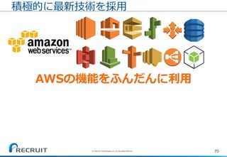 70(C) Recruit Technologies Co.,Ltd. All rights reserved.
積極的に最新技術を採用
AWSの機能をふんだんに利用
 