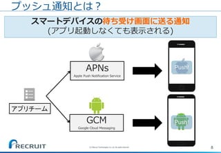 8(C) Recruit Technologies Co.,Ltd. All rights reserved.
Push!
APNs
Apple Push Notification Service
スマートデバイスの待ち受け画面に送る通知
(アプリ起動しなくても表示される)
プッシュ通知とは？
Push!
GCM
Google Cloud Messaging
アプリチーム
 
