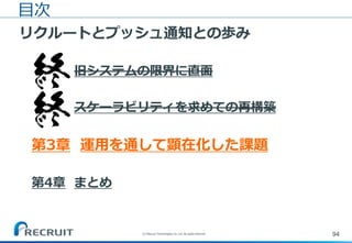 94(C) Recruit Technologies Co.,Ltd. All rights reserved.
目次
リクルートとプッシュ通知との歩み
第1章 旧システムの限界に直面
第2章 スケーラビリティを求めての再構築
第3章 運用を通して顕在化した課題
第4章 まとめ
 