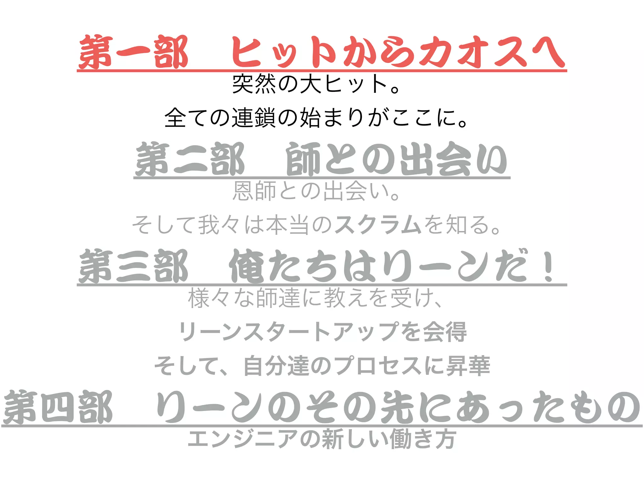 第一部　ヒットからカオスへ


突然の大ヒット。
全ての連鎖の始まりがここに。
第二部　師との出会い


恩師との出会い。
そして我々は本当のスクラムを知る。
第三部　俺たちはリーンだ！


様々な師達に教えを受け、
リーンスタートアップを会得
そして、自分達のプロセスに昇華
第四部　リーンのその先にあったもの


エンジニアの新しい働き方
 