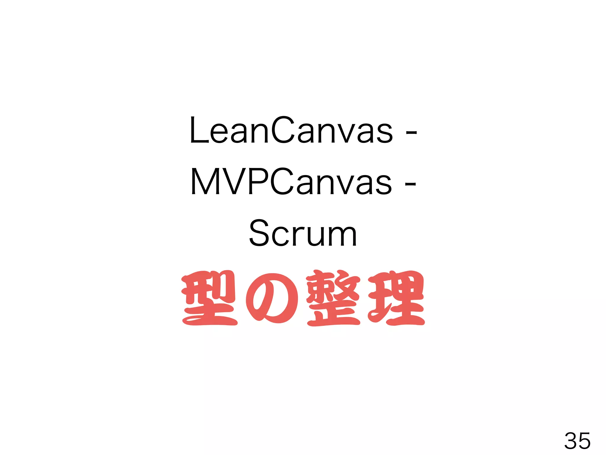 http://www.slideshare.net/aerodynamic/mvp-canvas
仮説
何を学ぶのか
仮説実証に
必要なデータ
条件
MVP構築に
必要なコスト
仮説実証に
必要な時間
回避/発生する
将来のリスク
結果と、得た学び
MVPのタイプ
・紙プロト
・インタビュー
・A/Bテスト
・動くデモ
etc
何を作るのか
どうやってそのMVPで実証するのか
35
 