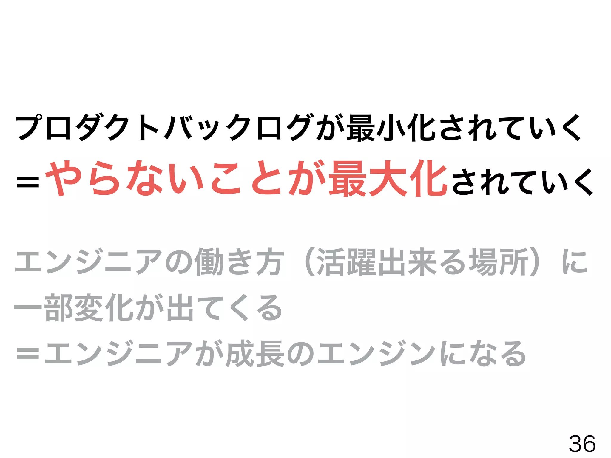 プロダクトバックログが最小化されていく
＝やらないことが最大化されていく
エンジニアの働き方（活躍出来る場所）に
一部変化が出てくる
＝エンジニアが成長のエンジンになる
36
 