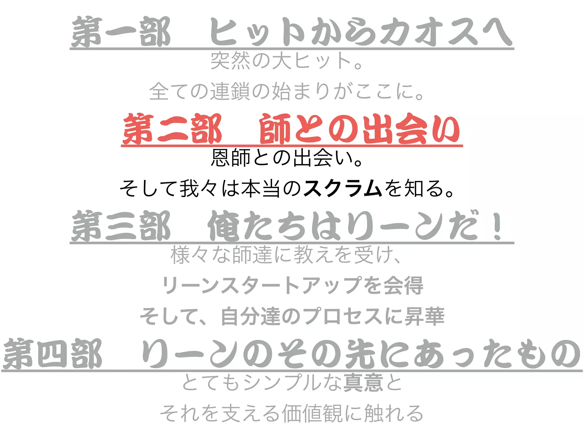 第一部　ヒットからカオスへ


突然の大ヒット。
全ての連鎖の始まりがここに。
第二部　師との出会い


恩師との出会い。
そして我々は本当のスクラムを知る。
第三部　俺たちはリーンだ！


様々な師達に教えを受け、
リーンスタートアップを会得
そして、自分達のプロセスに昇華
第四部　リーンのその先にあったもの


とてもシンプルな真意と
それを支える価値観に触れる
 