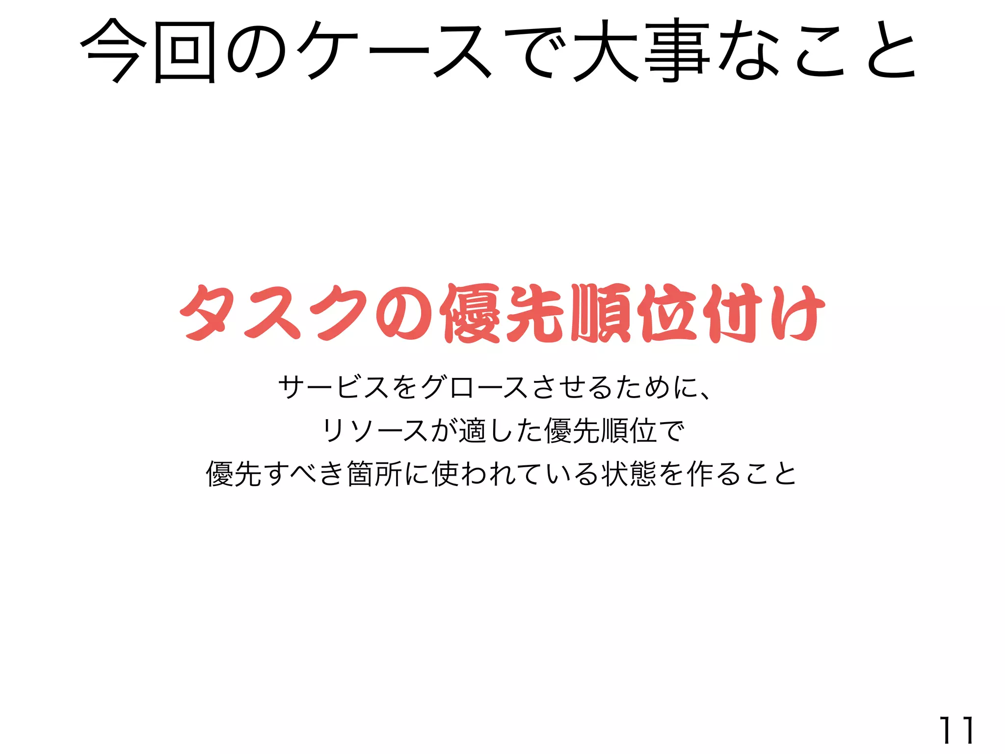 今回のケースで大事なこと
タスクの優先順位付け
サービスをグロースさせるために、
リソースが適した優先順位で
優先すべき箇所に使われている状態を作ること
11
 